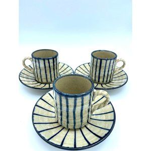 Yamaki Ikai Striped Cups and Saucers Pottery Tea Cups/Demi Tasse/Signed/Twisted